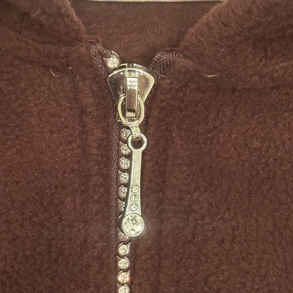 Quacker Factory Chocolate Brown Fleece Hoodie with Embellished Zipper Cozy Sz L - Picture 7 of 10